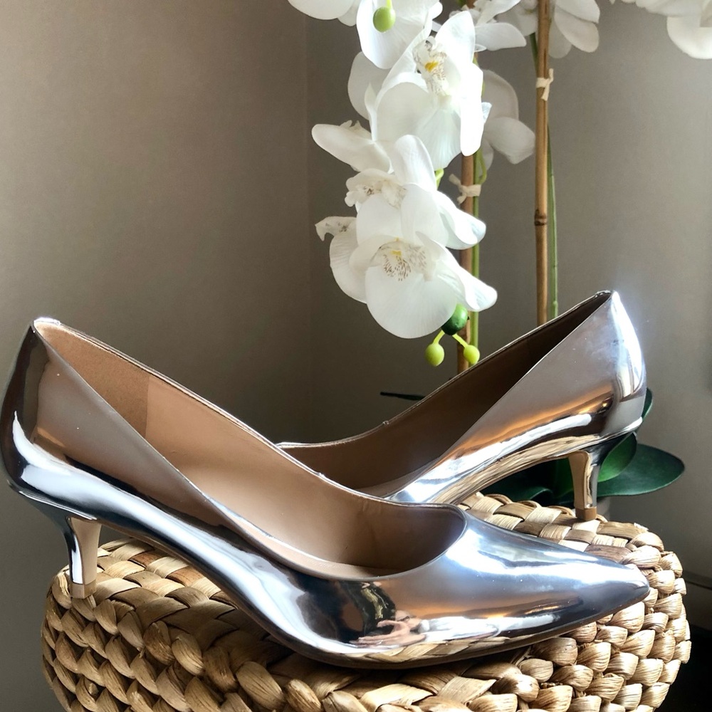 Aldo Silver Mirror Pointed-Toe Kitten Heels